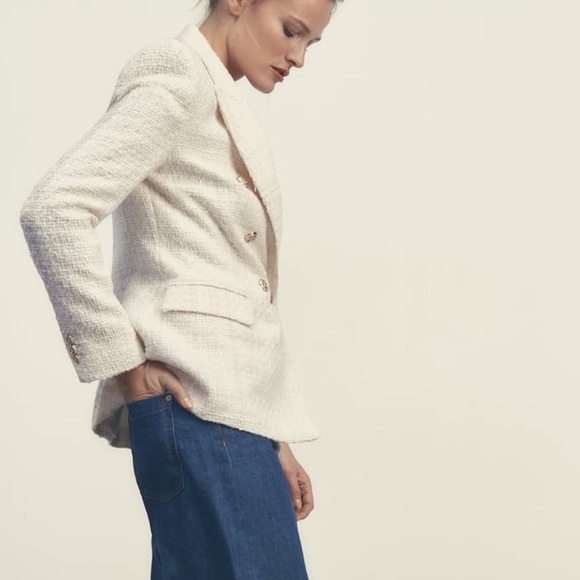 Zara Double Breasted Embossed Tweed Tailored Fit Ecru White Blazer Jacket - Picture 8 of 16